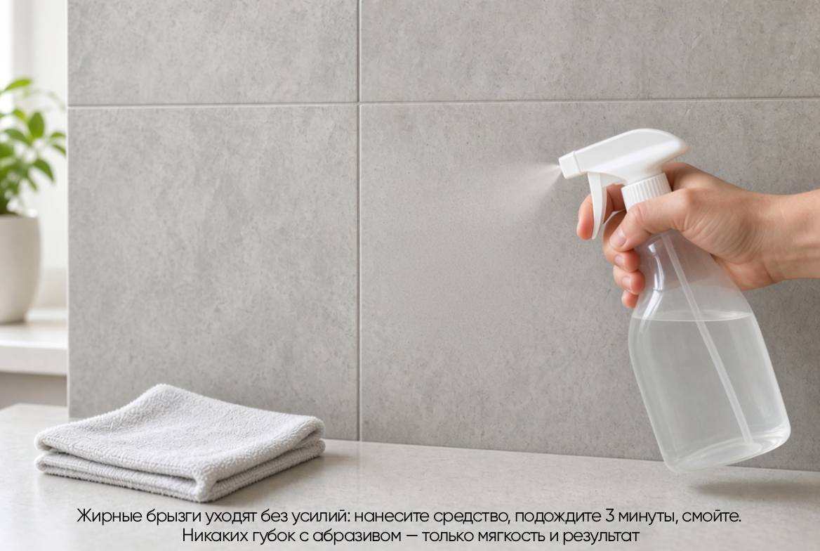 Жирные брызги уходят без усилий: нанесите средство, подождите 3 минуты, смойте.